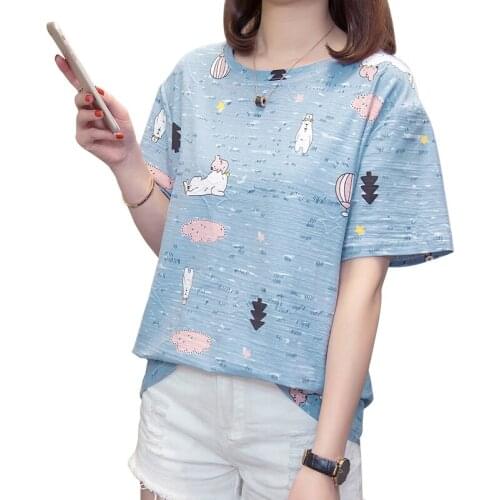 Summer New Short-sleeved Women T-shirt Round Neck Cartoon Printing Large Size Version Commuting Cotton And Linen Ladies Tees Top