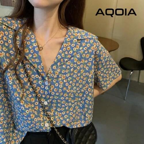 Chic Vintage Floral Printing Button Up Women Shirt Notched Neck Short Sleeve Womens Blouse 2021 Summer Loose Tunic Female Shirts