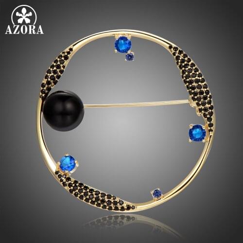 AZORA New Design Round Blue Cubic Zirconia Stars and Black Pearl Earth Brooches for Women Large Pin Fashion Jewelry Gift TP0105