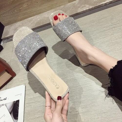 Womens shoes and slippers outdoor 2020 summer new rhinestone open toe square head shiny flat shoes