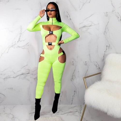 2021 Best Quality Famous Brand Jumpsuits Solid Hollow Out O-neck Long Sleeve Sexy Club Bodycon Rompers