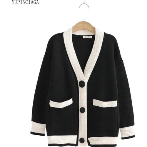 New Color Matching Single-Breasted Casual Long Sleeve Sweater Harajuku Sweaters 2020 Autumn Winter Women Knit Pullover