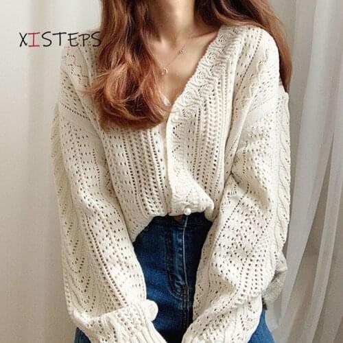 Vintage Women Hollow Out Cardigans White Green Female Knitted Sweaters 2021 Autumn Ladies Coats Knitting Tops Summer Cardigan