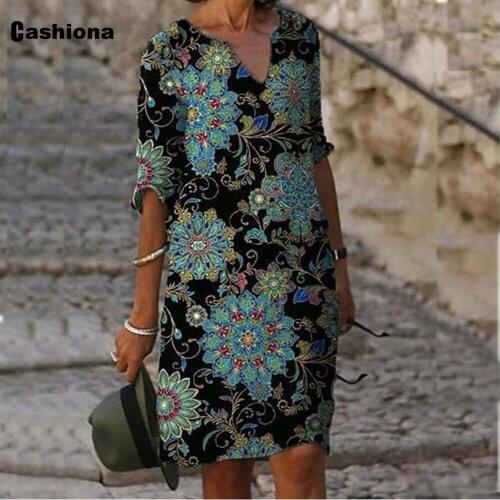 Cashiona Women Short Dress V-neck Half Sleeve Bohemian Flower Print Dresses Vintage 2021 Summer Casual Loose A-Line Dress Femme