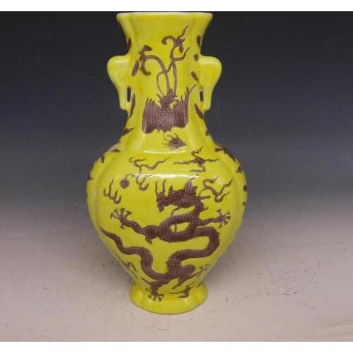 3 Antique MingDynasty porcelain vase,Yellow carved dragon wishful bottle ,Hand-painted crafts,Decoration,Collection&Adornment