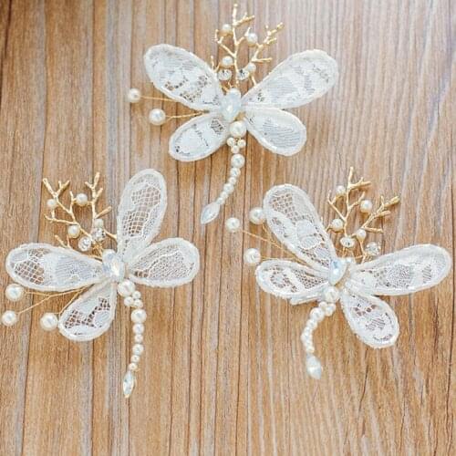 3Pcs White Dragonfly Lace Pearls Wedding Hair Accessories Hair Clip Jewelry Bridal Pearl Beads Head Jewelry For Bride headwear