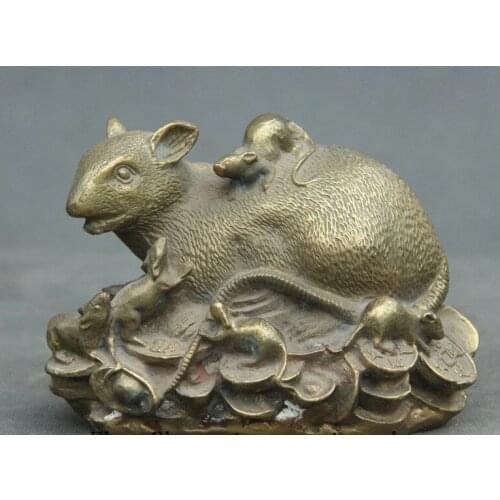 5'' China Brass Wealth Yuan Bao Coin Many Fengshui 12 Zodiac Year Mouse Statue