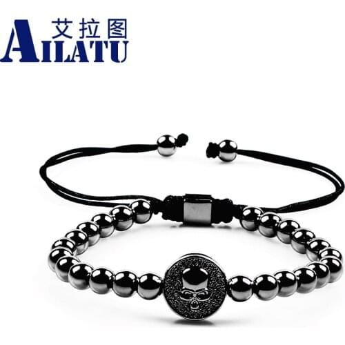 Ailatu Street Fashion 6mm Copper Beads with Electroplate Skeleton Coin Charm Braided Bracelet