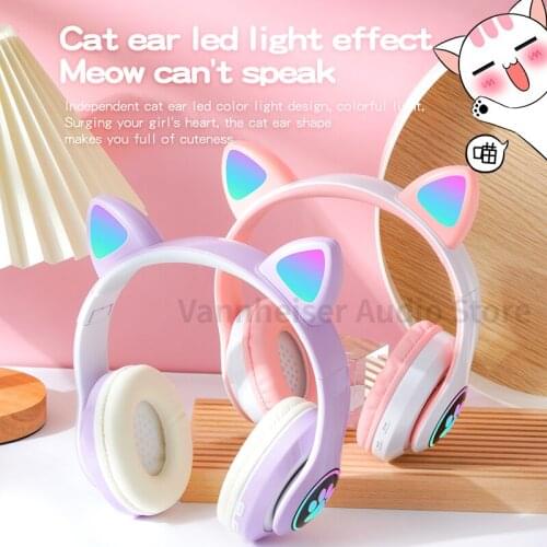 Flash LED Cute Cat Ear Bluetooth Headphone Kid Girl Music Wireless Helmet TF Card Gaming Earphone With Mic Phone Headset Gift