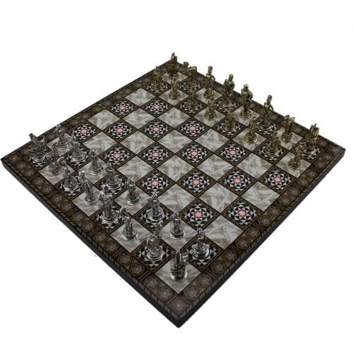 Historical Troy Figures Metal Chess Set for Adults, handmade Pieces and Mosaic Design Wooden Chess Board Small Size King 5cm