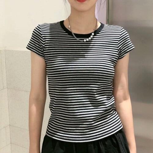 UNUTH Girls Soft Cotton O Neck T-shirt 2021 Summer Fashion Ladies High Street Slim T-shirt Female Striped T-shirt Top