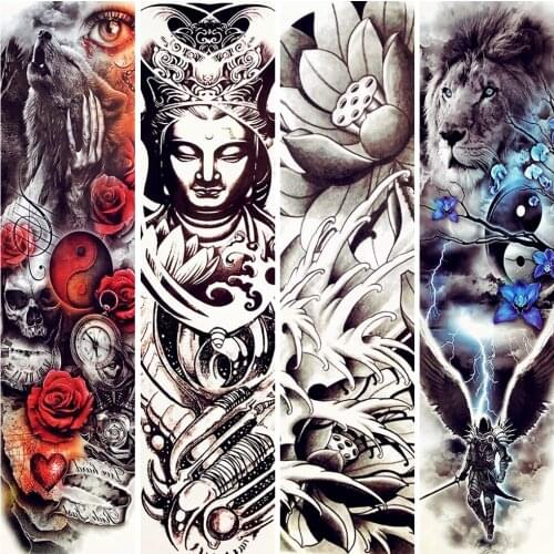 India Buddha Temporary Tattoo Lotus Thailand Buddhist Full Arm Black Tattoo Sticker Women Men Buddhism Waterproof Flash Tatoos