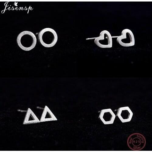Jisensp 100% 925 Sterling Silver Jewelry Fashion Cute Tiny Round Hexagon Triangle Heart Stud Earrings Pendientes for Girls Kids