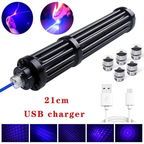 21cm 2w Blue USB Laser Pointer High Power 450nm 5000m Laser Torch Focusable Flashlight Burn Match With USB charging cable