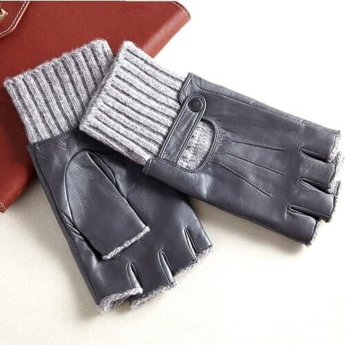 Fashionable Man Half Finger Sheepskin Gloves Autumn Winter Fingerless Knitted Cuff Warm Real Leather Driving Gloves