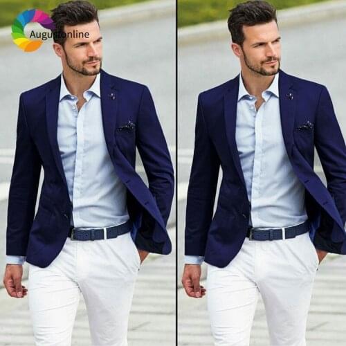 Navy Blue Men Suits Classic Tailored Made White Pants Slim Fit Man Blazers for Business Casual Groomsmen Costume Terno Masculino