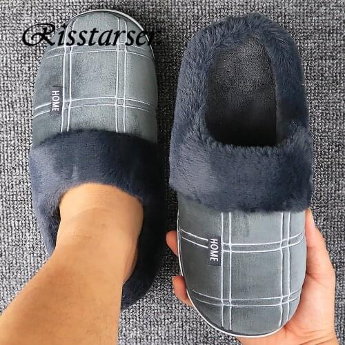 Men slippers winter home Plush warm Suede Gingham Male Slippers Men Shoes Unisex indoor with fur slippers Big size 50/51