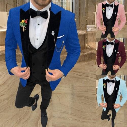 2021 Fashion Jacquard Royal Blue Men Suit Slim Fit Formal Groom Wedding Dress Tuxedo Jacket Luxury Blazer Vest Pants 3 Piece Set
