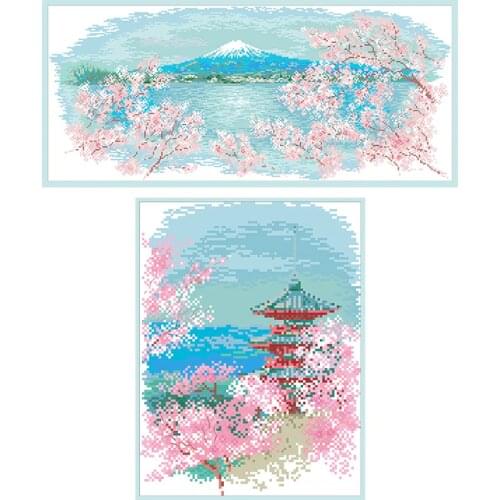 Cherry Blossom Cross Stitch Kits Printed Canvas Scenery Embroidery Paintings Needlework Sets DIY Handmade Crafts Home Decoration