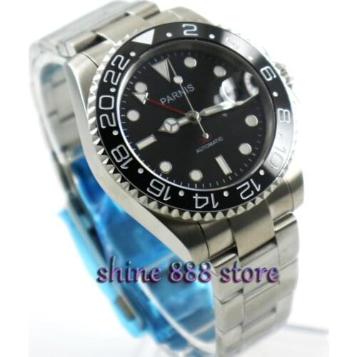Parnis 40mm black dial Red GMT hands Style Ceramic Bezel sapphire glass automatic mens watch