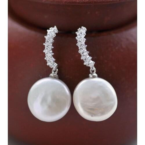 P7486 A++ 14mm White Coin Freshwater Pearl Dangle Earring CZ