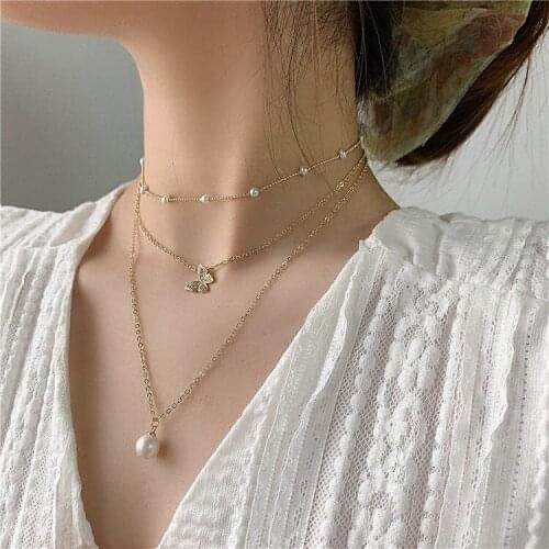 SWOUR 3pc/set Elegant Fashion New Jewelry Gold Color Chain Three Layers Butterfly Pearl Choker Pendants Necklace For Women S840