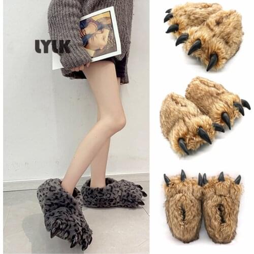Women/Man Fashion Winter Indoor Cotton Plush Slides Cartoon Bear Claw Slippers Cotton Slippers Couple Flat Warm Non-Slip Shoes