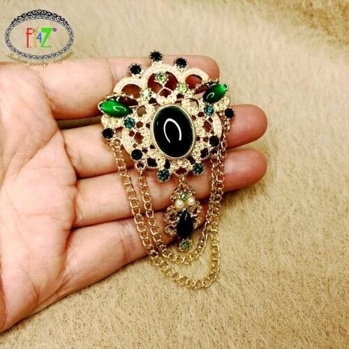 F.J4Z Gorgeous Elegant Brooches for Women Lindo Green Stone Crystal Simulated Pearl Pins Tassel Party Costume Accessories
