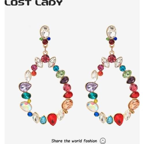 Lost Lady Fashion Multicolor Crystal Dangle Earrings Luxury Shiny Hollow Waterdrop Shape Earrings for Women Party Jewelry Gift