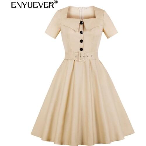 Enyuever Elegant Summer Dress Cotton Women Clothing Short Sleeve Belt Pockets Robe Pin Up Swing Office Ladies Dresses