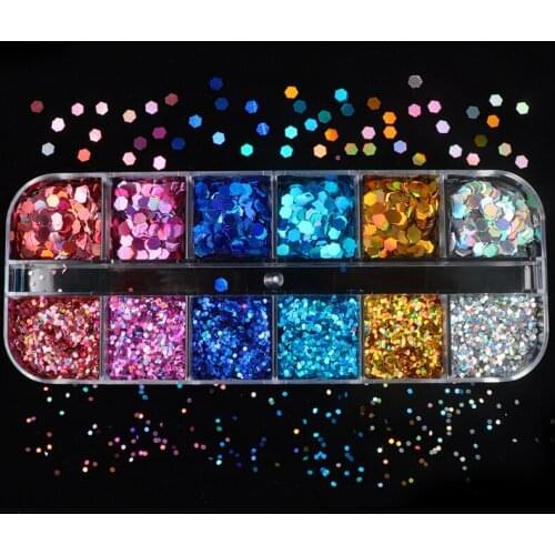 12 Color Mirror Sparkly Hexagon Shape Nail Sequins Paillette Mix Nail Holographic Laser Glitter 3D Flakes Art Accessories