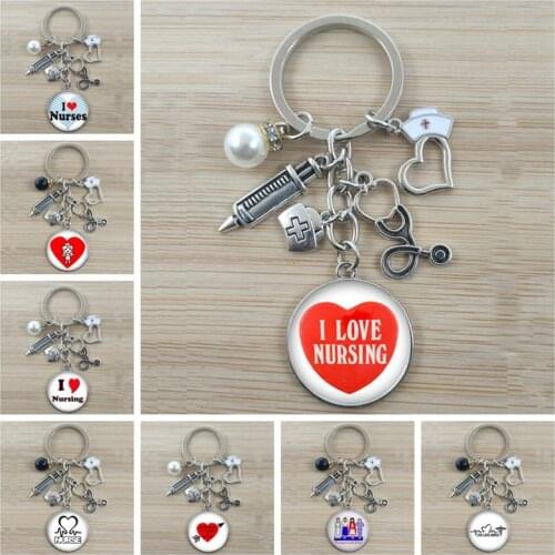 25mm handmade love work keychain medical stethoscope pendant keychain doctor nurse keychain glass cabochon photo fashion gift