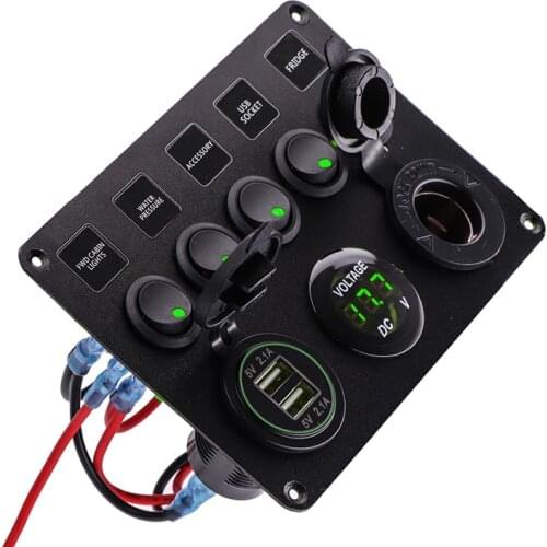 5 Gang 12V 4.2A Marine Toggle Switch Control Switch Panel Dual USB Charging Ports Digital Voltmeter For Boat Camper Marine RV