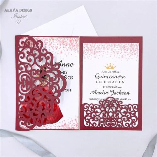 Burgundy Floral Sweet 16 Birthday Laser Cut Invitation, Quinceanera Invite With Envelope {Free Infinite Design Before Pay