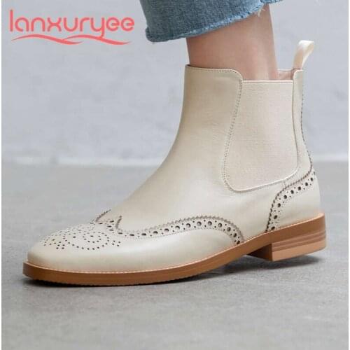 Lanxuryee genuine leather round toe stretch boots Korean young lady daily wear high street fashion winter basic ankle boots L79