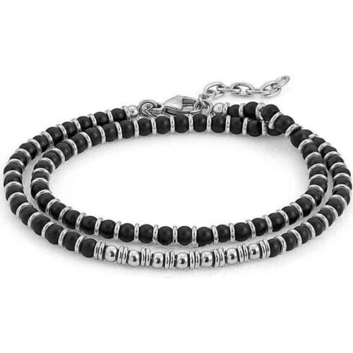 Runda Fashion Men And Women Beaded Bracelet Black Natural Stone Stainless Steel Jewelry Handmade Couple Holiday Gifts