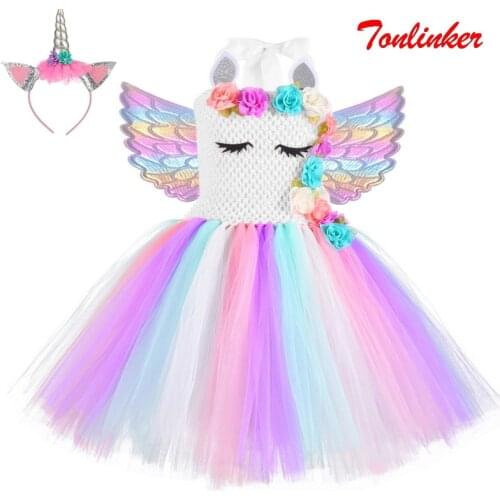 Kids Unicorn Costumes Tutu Dress With Hair Band Princess Girls Birthday Rainbow Party Dresses Children Performance Ball Gown