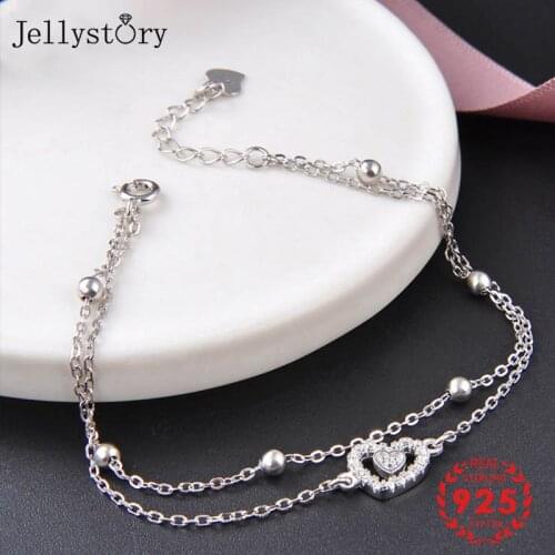 Jellystory 925 Sterling Silver Bracelet for Women Heart-shape Zircon Bead Double Layer Chain Bracelets Wedding Fine Jewelry Gift