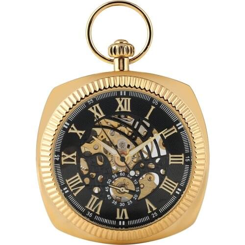 Square Retro Golden Mechanical Pocket Watch Hand Winding Skeleton Pendant Watch Pocket Hanging Clock Gifts for Men