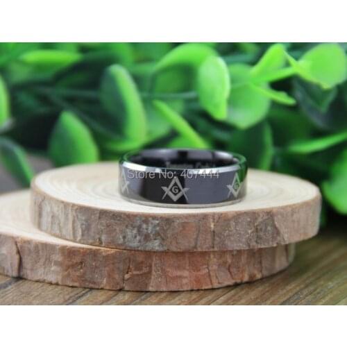 Free Shipping USA UK Canada Russia Brazil Hot Sales 8MM Black Top Silver Beveled Masonic Mens Tungsten Carbide Wedding Ring
