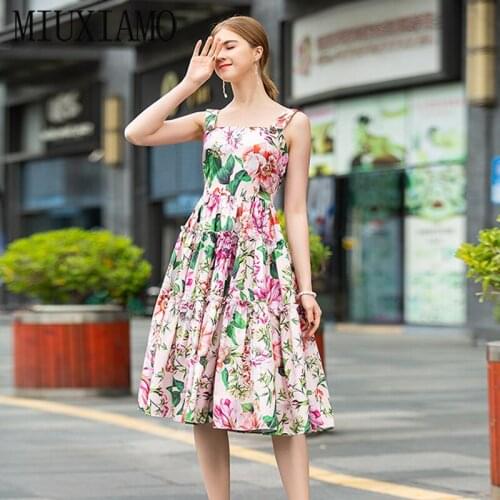 MIUXIMAO 2020 Summer Dress Cute Style Square Collar Flower Print Ruffles Elegant Slim Long Dress Women vestidos