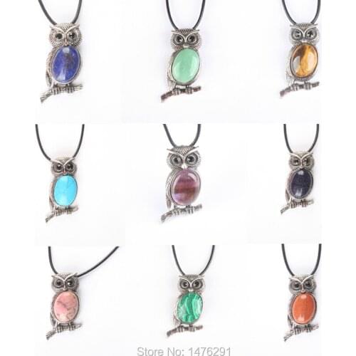 Fashion Antique Silver Plated Owl Beads Pendant with Opal Rose Pink Quartz Golden Sand Tiger eye Lapis Stone Pendant 1PCS