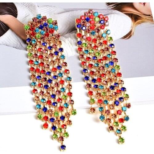 Fashion Colorful Crystal Dangle Earrings For Women Bohemian Charm Layer Tassel Drop Earrings Party Hanging Jewelry