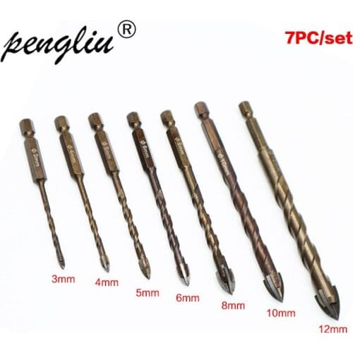 7Pcs/set Cross Hex Tile Bits Glass Ceramic Concrete Hole Opener Kit Hard Alloy Triangle Drill Size 3/4/5/6/8/10/12 MM