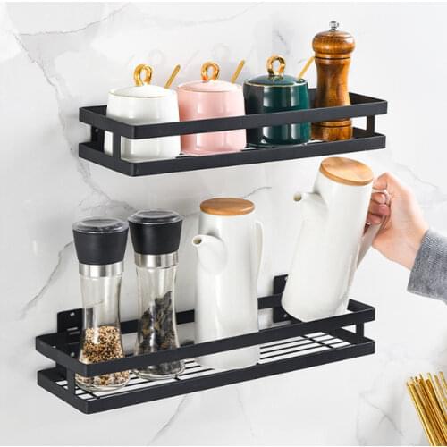 Wall-Mounted Kitchen Storage Rack Shelf Free Punch Spice Bottle Rack Steel Multi-function Shelf Single Layer Organizer Shelves