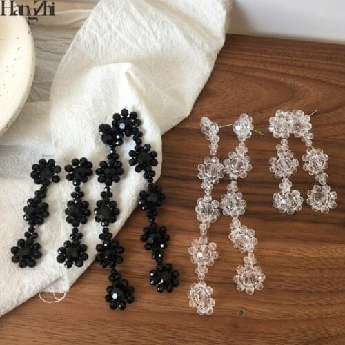 HangZhi 2020 New Korean Black White Transparent Crystal Flower Beaded Tassel Long Drop Earrings for Women Girls Party Jewelry