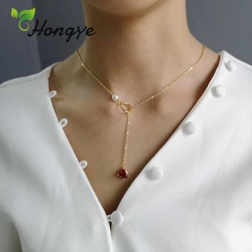 Hongye Girls Silver 925 Gold Color Elegant Red Crystal Collar Accessories Brand New 1 Piece Chain Thin Shell Pearl Necklaces