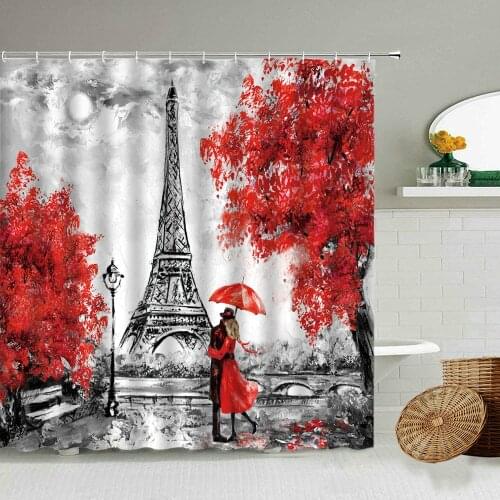 Romantic Paris Street View Shower Curtain Retro Tower Flower Couple Painting Art Bathroom Waterproof Curtains Home Decoration