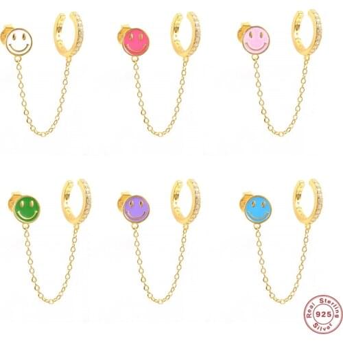 100% 925 Sterling Silver Earcuff Cartoon Enamel Smile Face Handcuff Chain Earrings for Women Colorful Dripping Oil Stud Earring