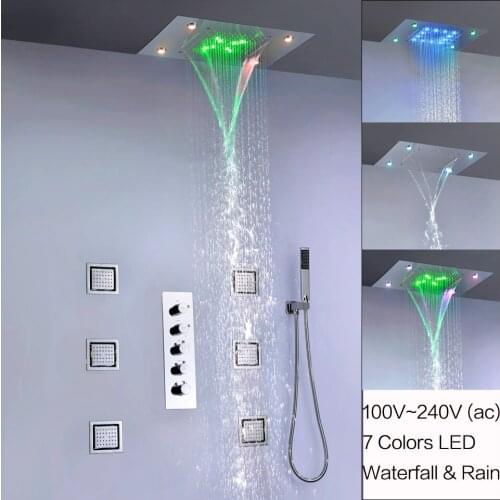 Bathroom Shower Combo Faucet Mixer Set Large Water Flow Shower Valve Rain Waterfall LED Shower Head Brass Hand Shower